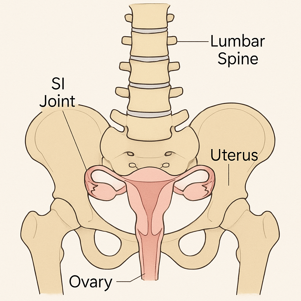 Female lumbar spine anatomy diagram labeling discs, facet joints, sacroiliac joint, and nerve roots.